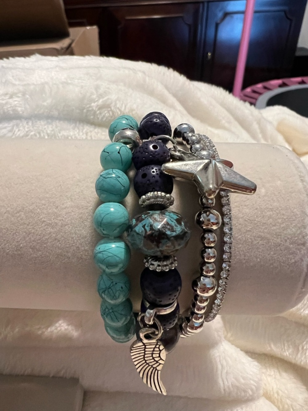 Stackable Turquoise & Navy Beaded 4 Piece Bracelet Set with Silver Star Accent